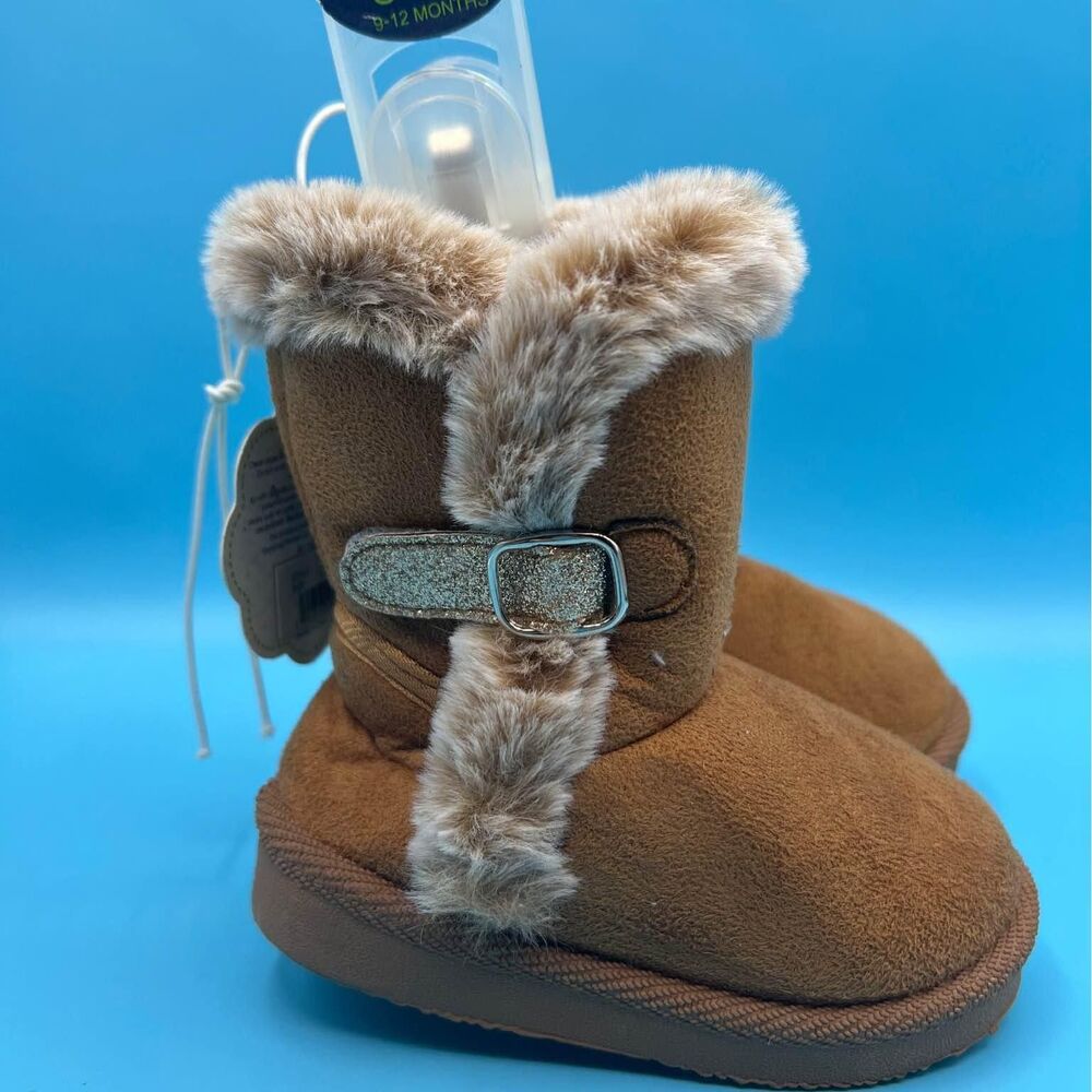 Toddler Girl Brown Fur Suede Boots Size 4 Sparkle Buckle, First Steps
